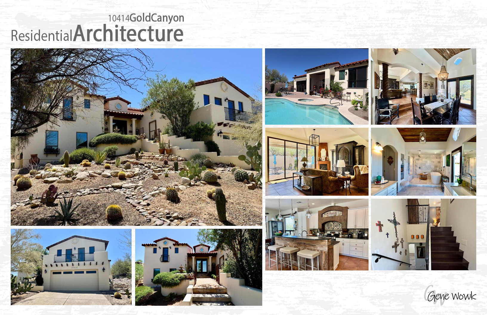 9800 LaReserve residential architecture collage — exterior with mountain views, interiors, and pool