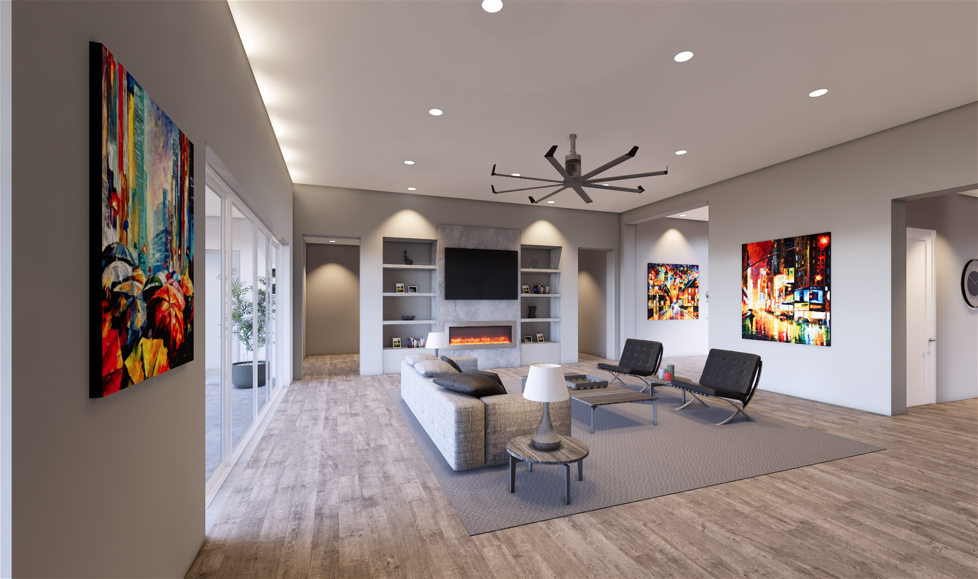 Great room interior with fireplace and mountain views